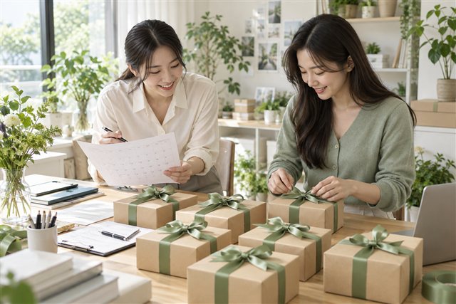 달력으로 일정을 확인하며 단체 선물을 포장하는 담당자들 — AI 연출 이미지