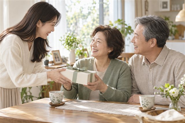 자녀가 부모님께 선물을 건네며 함께 웃는 가족의 모습 — AI 연출 이미지