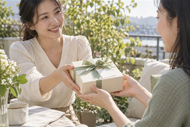 친구에게 리본으로 포장한 선물을 건네는 따뜻한 순간 — AI 연출 이미지