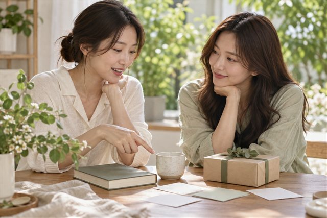 서로의 취향을 이야기하며 컵과 책을 살펴보는 두 친구 — AI 연출 이미지