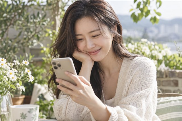 스마트폰으로 안부 메시지를 읽으며 미소 짓는 모습 — AI 연출 이미지