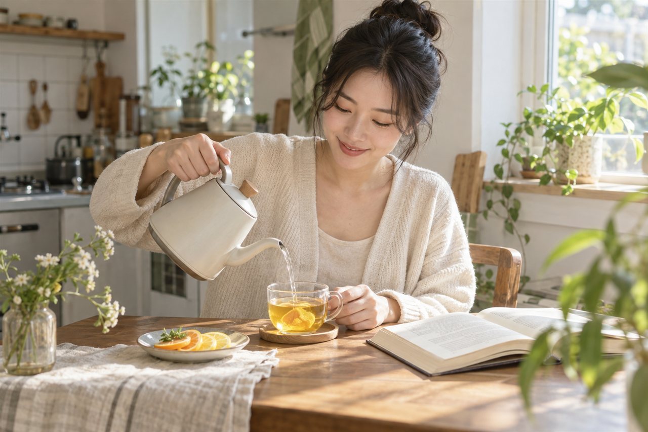 햇살이 드는 집에서 직접 따뜻한 차 한 잔을 준비하는 모습 — AI 연출 이미지