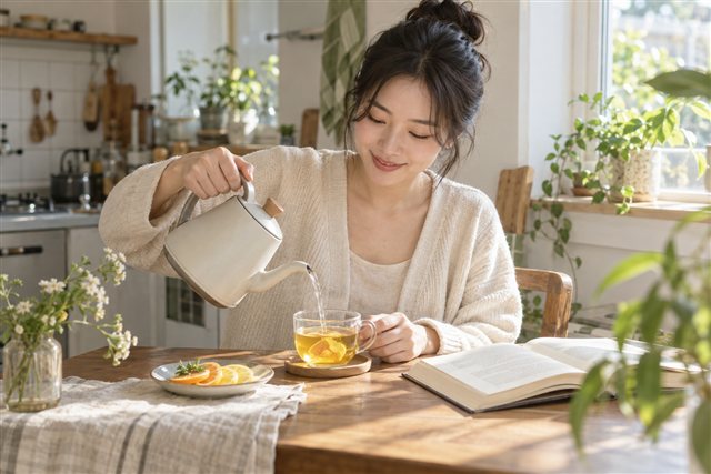 햇살이 드는 집에서 직접 따뜻한 차 한 잔을 준비하는 모습 — AI 연출 이미지